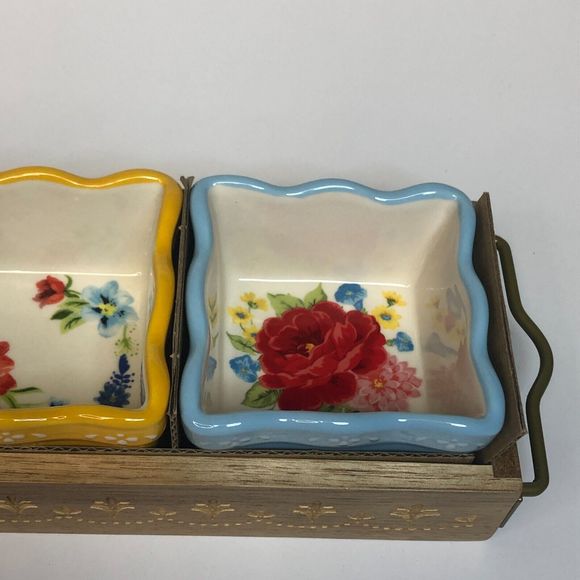Pioneer Woman Floral Condiment Dish Set Mini Dip Square Bowls Acacia Wood Tray - Picture 5 of 16